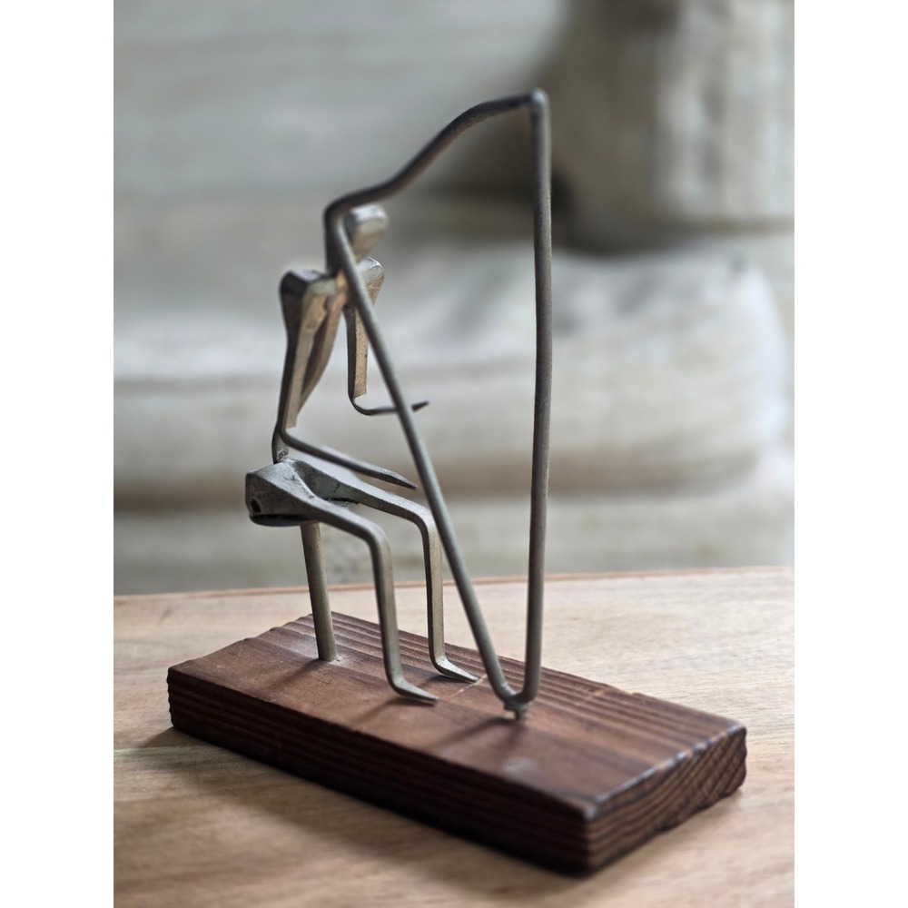 Mid Century Brutalist Metal Nail Art Sculpture Seated Harp Player - Picture 13 of 16